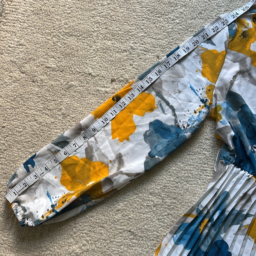 SHEIN White Floral Pleated Long Sleeve Midi Dress with Yellow & Blue Print - Picture 3 of 5